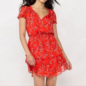 LC Lauren Conrad Floral Flutter Sleeves Tiered Mini Dress, Small, Red